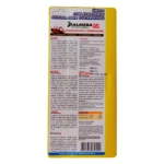 Etiqueta trasera de un envase amarillo de Palmera Gel Mata Cucarachas. Muestra texto de instrucciones, ingredientes y advertencias en español, de cucaracha roja y código de barras en la parte inferior.