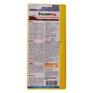 Etiqueta trasera de un envase amarillo de Palmera Gel Mata Cucarachas. Muestra texto de instrucciones, ingredientes y advertencias en español, de cucaracha roja y código de barras en la parte inferior.