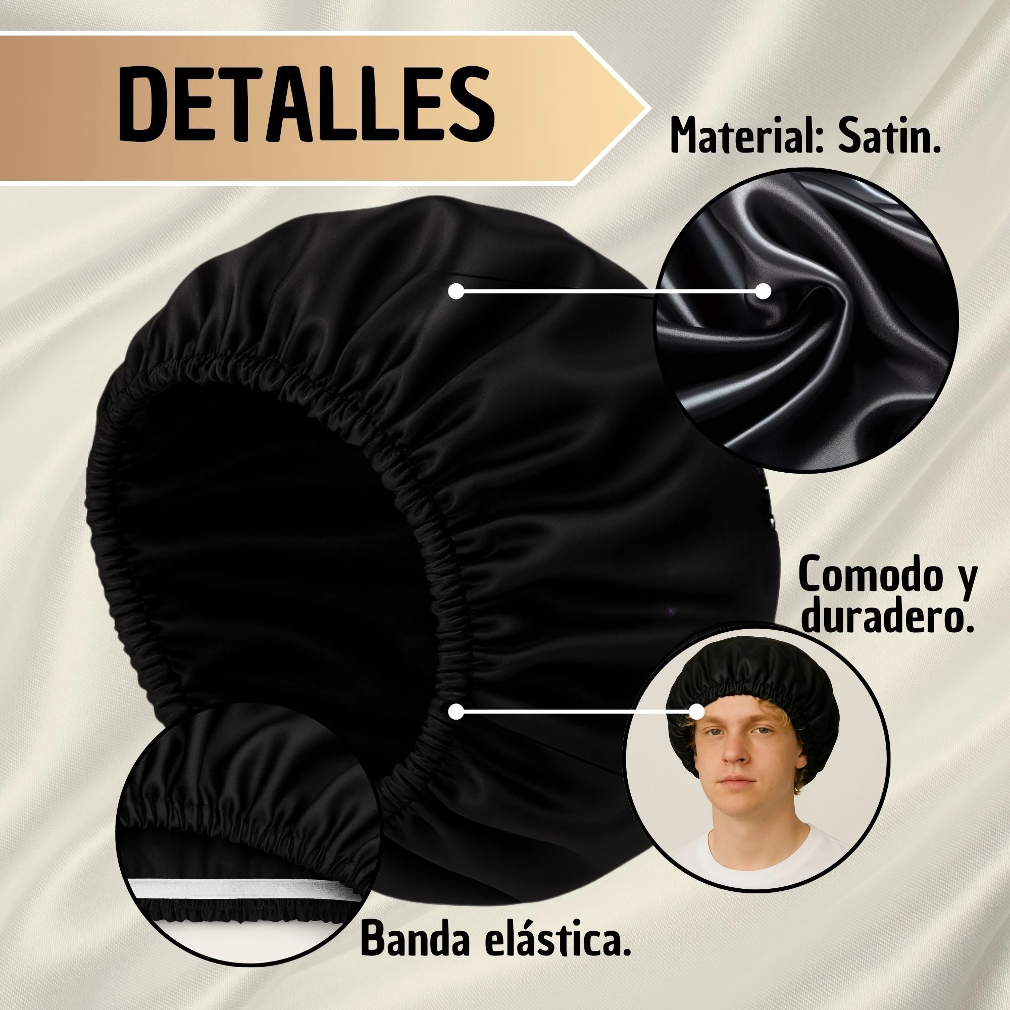 Gorro de satín negro ajustable, ideal para proteger el cabello del frizz y enredos.