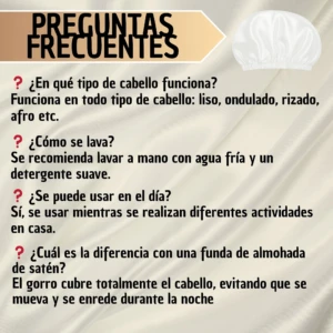 Gorro de satín blanco ajustable, ideal para proteger el cabello del frizz y los enredos durante la noche.