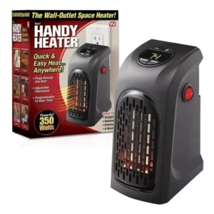 Calefactor eléctrico portátil Handy Heater negro con display digital y rejilla frontal. Visto de frente junto a su caja de cartón roja sobre fondo blanco.
