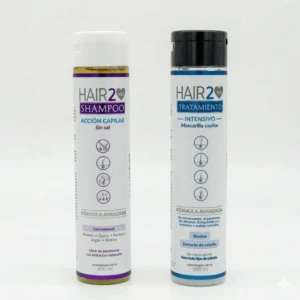 Dos botellas de shampoo y tratamiento anticaída HAIR2YOU, 300 ml cada una, con fórmulas avanzadas y extractos naturales.