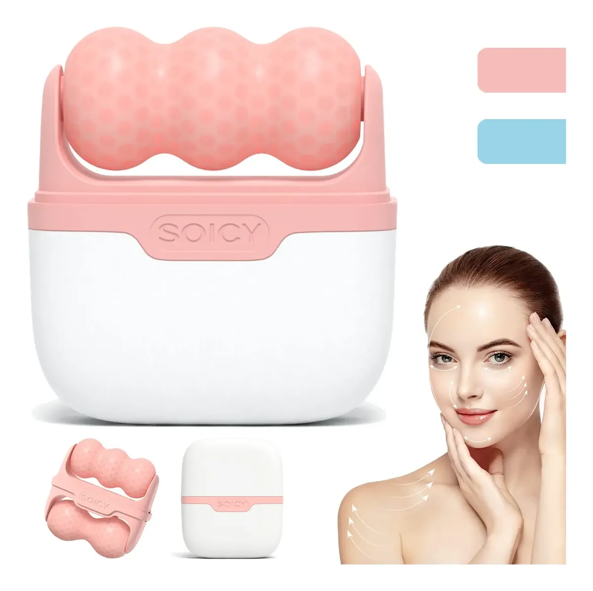 Rodillo facial de hielo con perlas en rosa y blanco, con estuche de almacenamiento. Incluye variante en azul claro y accesorios adicionales. Ideal para reducir hinchazón y refrescar la piel.