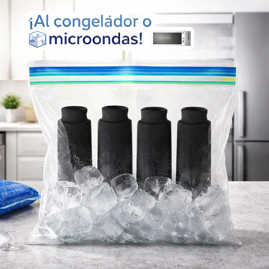Mangas de gel terapéutico para frío/calor en bolsa con hielo, listas para usar en congelador o microondas.