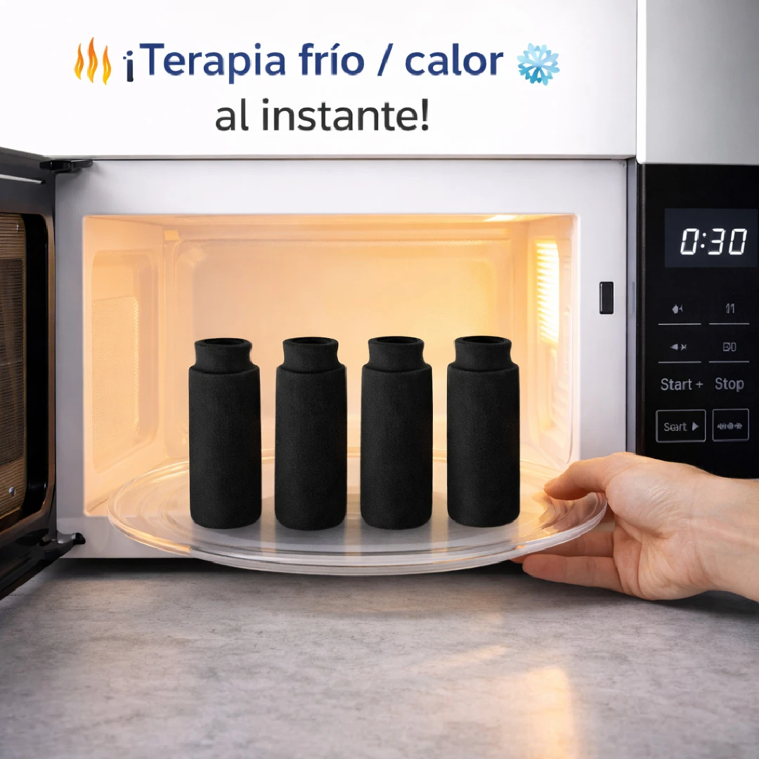 Mangas de gel terapéutico frío/calor negras dentro de microondas encendido, para aliviar dolor e inflamación de dedos.