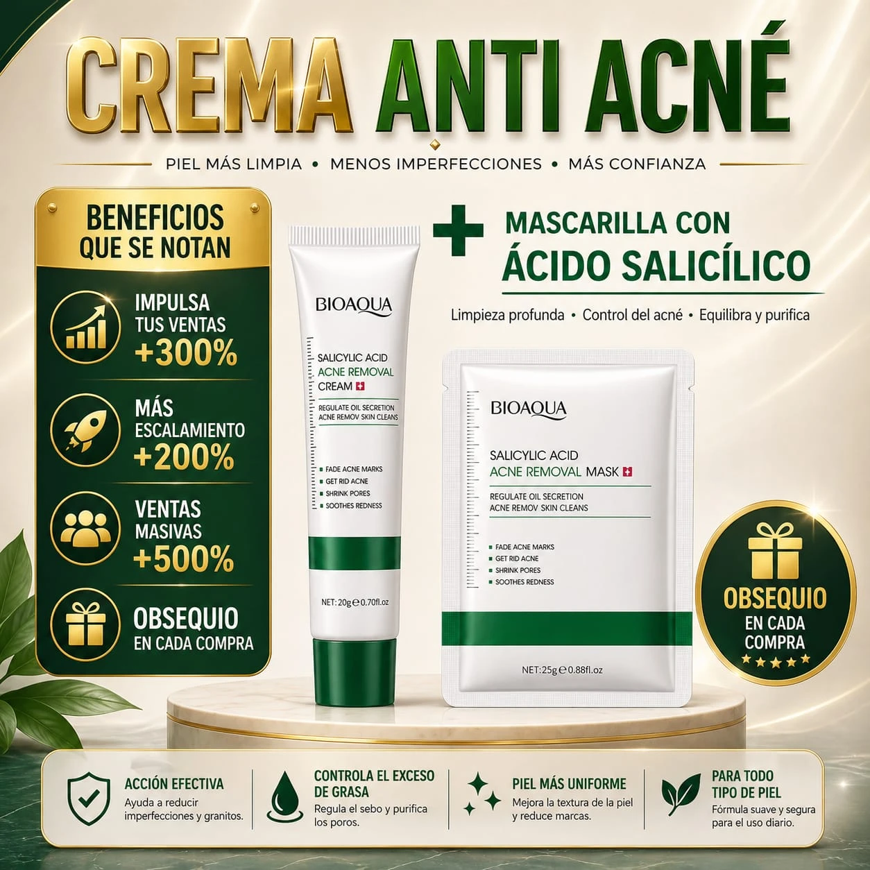 Set x2 Crema y Mascarilla Anti Acné BIOAQUA con ácido salicílico para piel uniforme y sin imperfecciones.