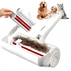 Rodillo blanco quita pelos de mascota con depósito, ideal para muebles y tapizados.