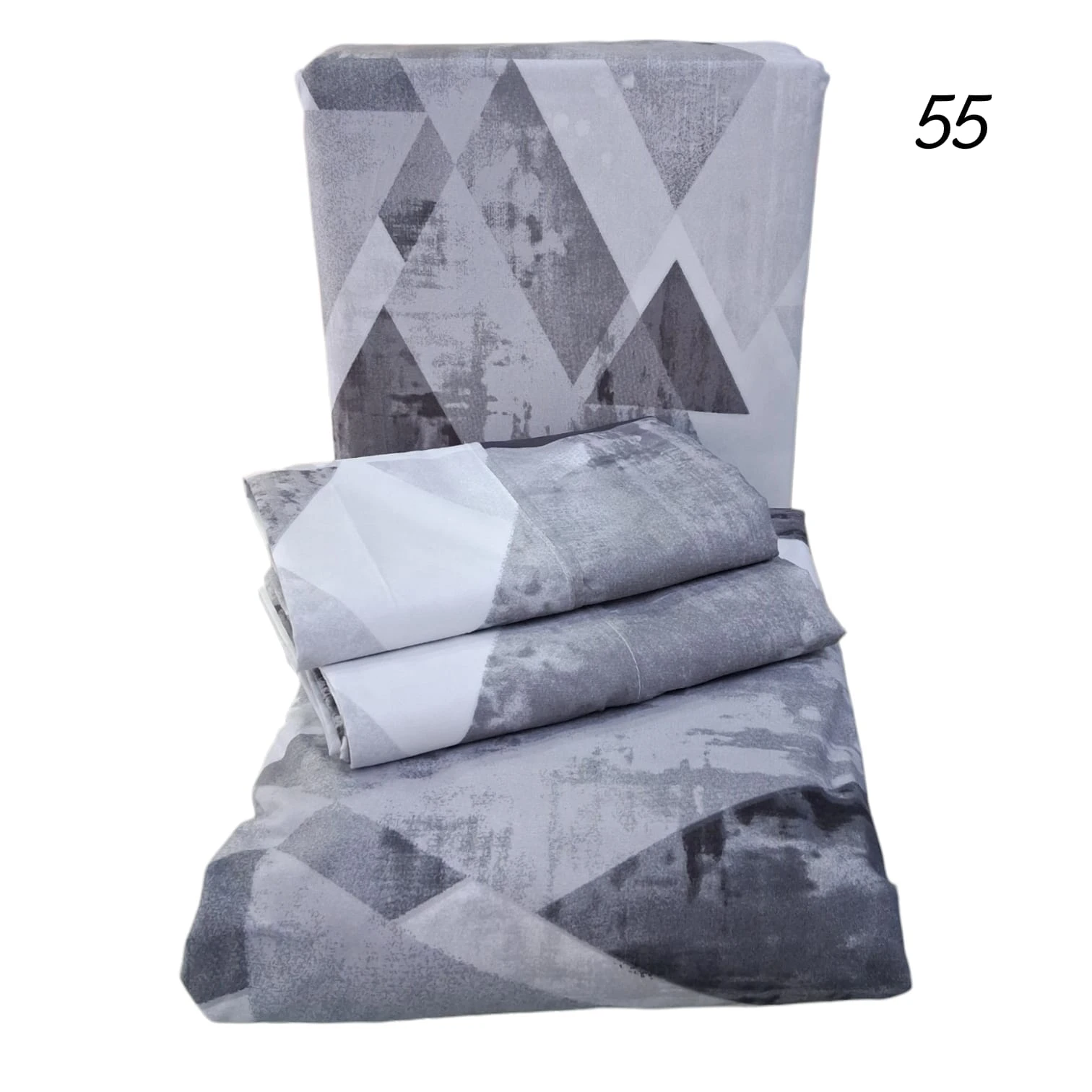 Set de tres sábanas microfibra con estampado geométrico en tonos grises y blancos, mostrando funda, bajera y dos almohadas dobladas.