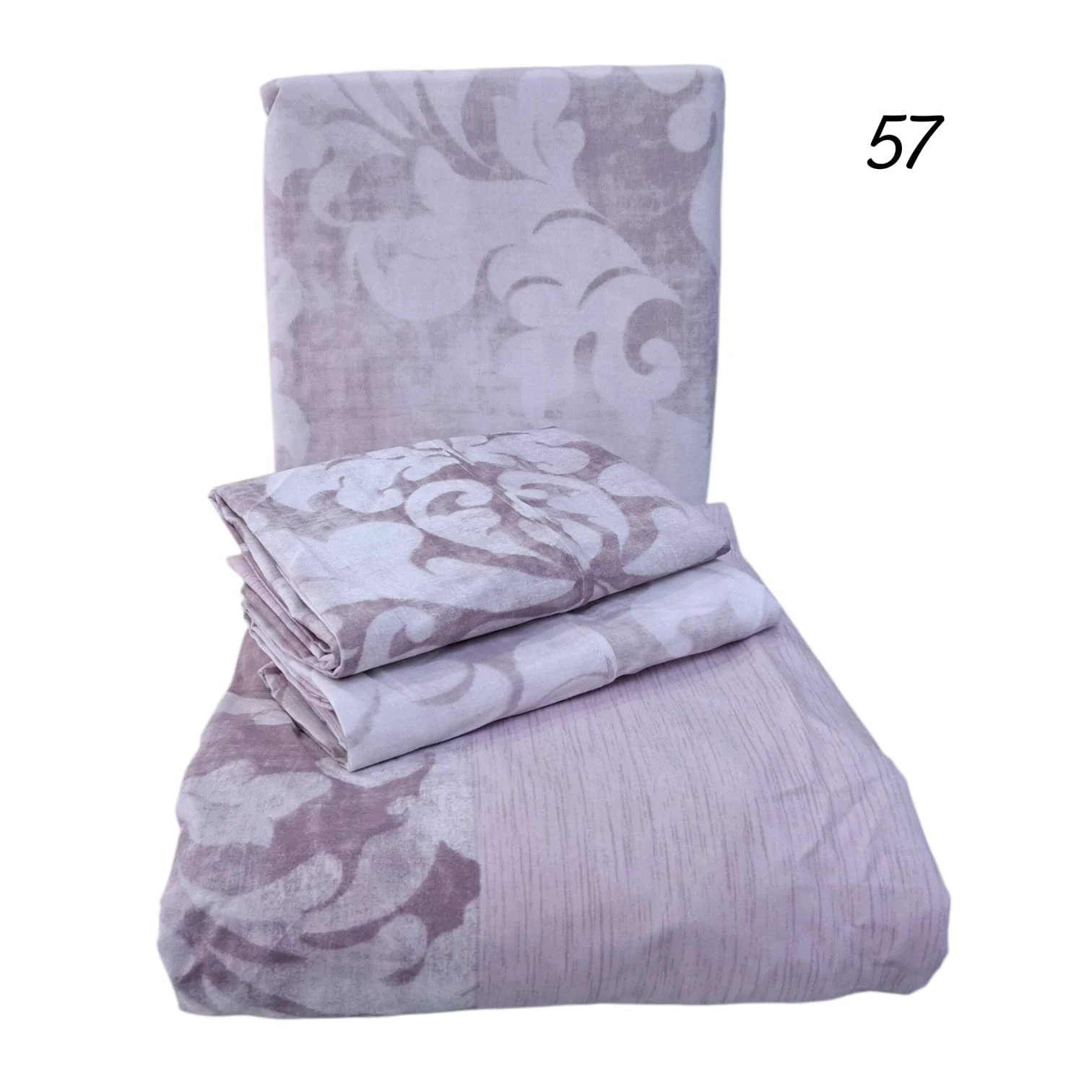 Set de tres sábanas de microfibra en tono lavanda con estampado floral, mostrando funda, bajera y dos almohadas dobladas.
