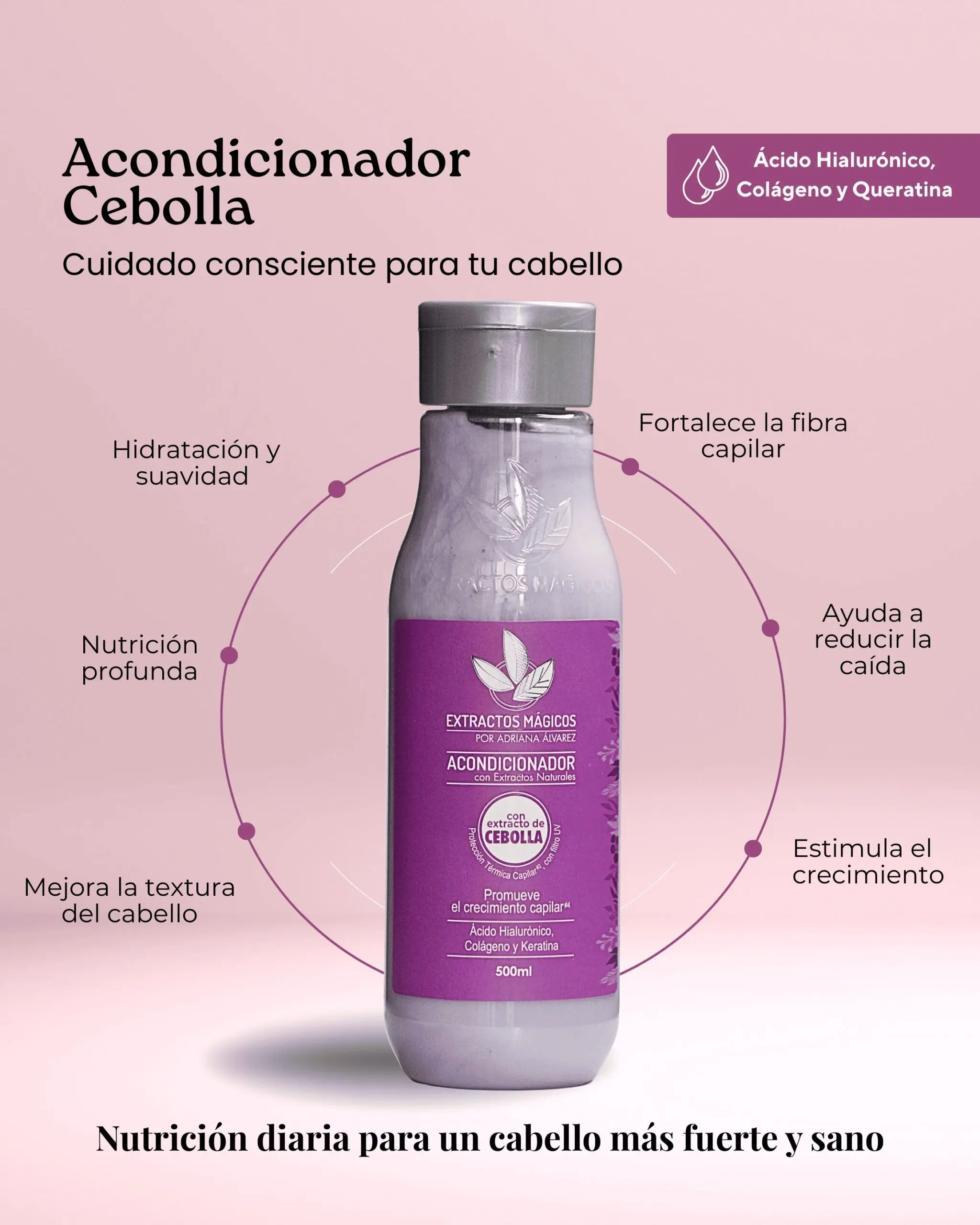 Acondicionador de cebolla en envase transparente con etiqueta morada, 500 ml, que destaca ingredientes como queratina y ácido hialurónico para fortalecer el cabello.