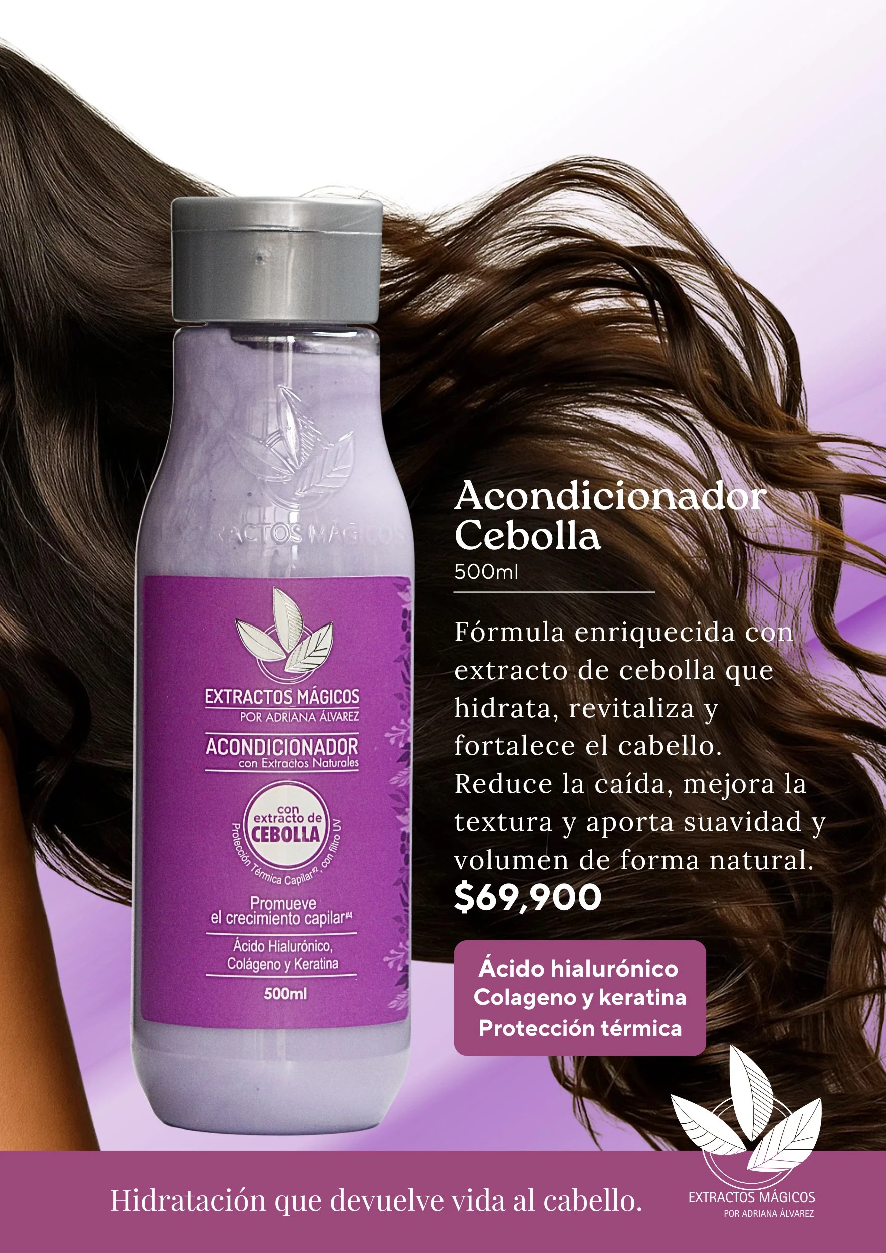 Acondicionador de cebolla en frasco transparente con tapa gris, etiqueta morada y texto blanco. Presentación de 500 ml.