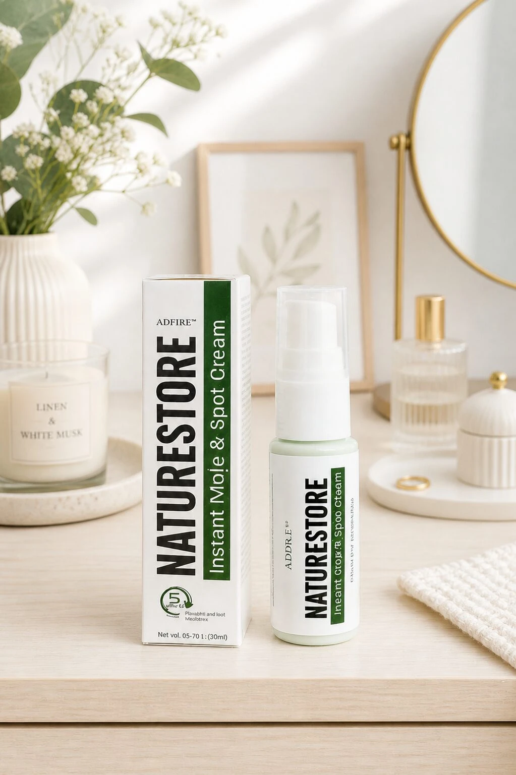 Set de crema eliminadora de lunares Naturestore, presentación con caja y frasco blanco con detalles en verde, sobre superficie de madera clara con decoración minimalista.
