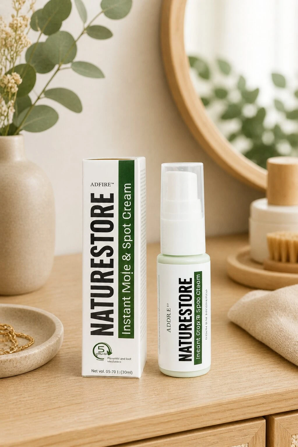 Crema eliminador de lunares Naturestore en presentación spray con su caja, sobre superficie de madera clara junto a accesorios de baño y plantas decorativas.