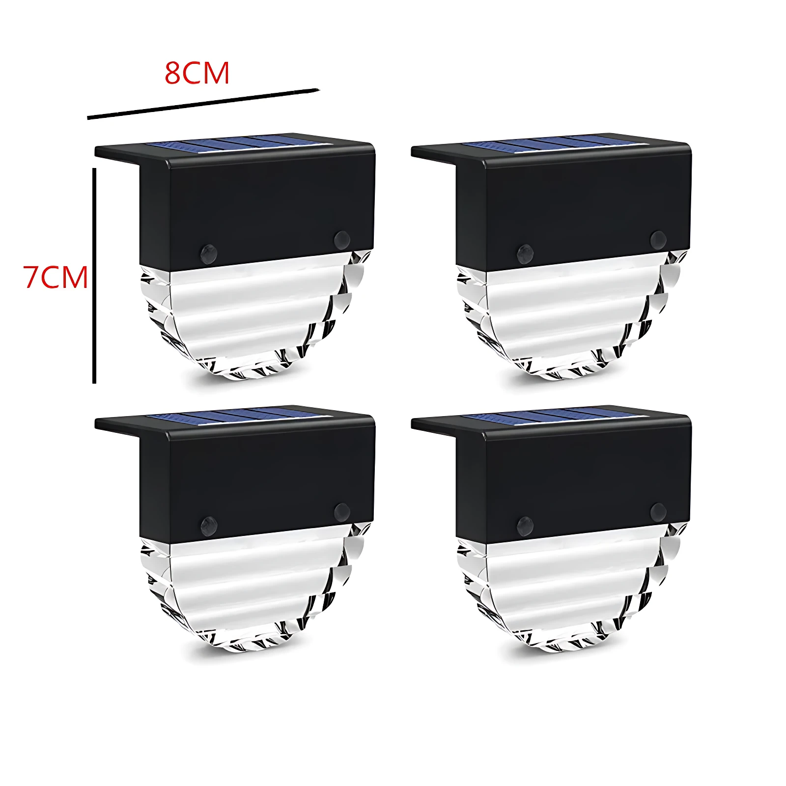 Cuatro luces solares LED RGB modelo XF-5013, de 8 cm de ancho por 7 cm de alto, con panel solar superior y carcasa negra.