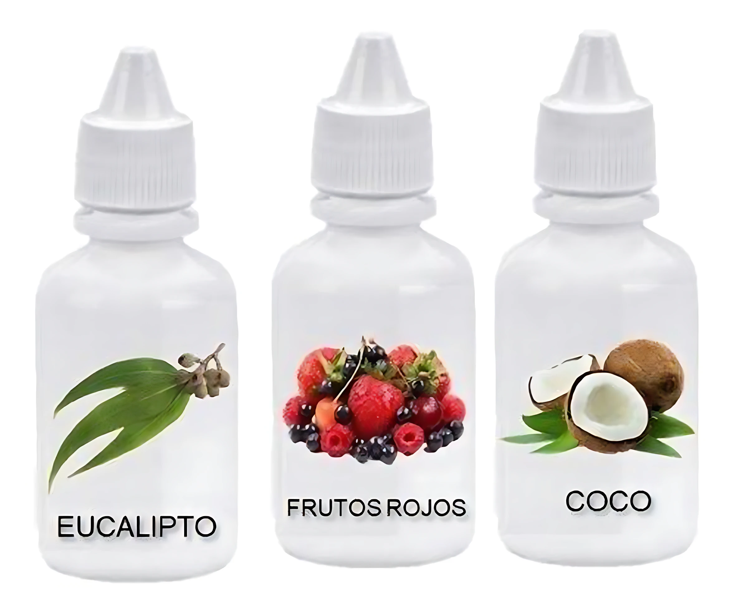 Tres botellas blancas de esencias aromáticas: eucalipto, frutos rojos y coco, con etiquetas ilustrativas y tapas de gotero.