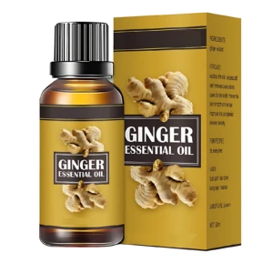 Aceite esencial de jengibre en botella ámbar con caja dorada, ideal para baño de pies, cabello y spa.