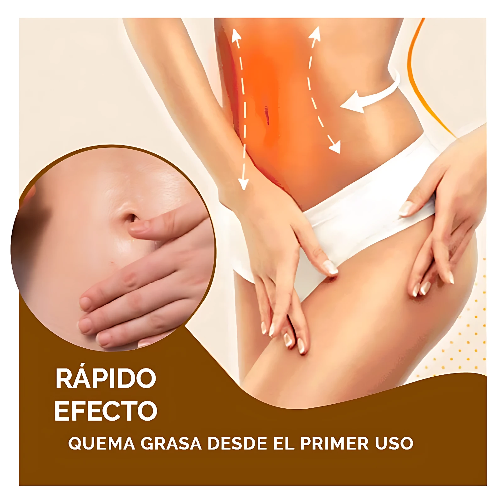 Aceite corporal detox jengibre, aplicación en abdomen con flechas indicando quema de grasa, efecto rápido.