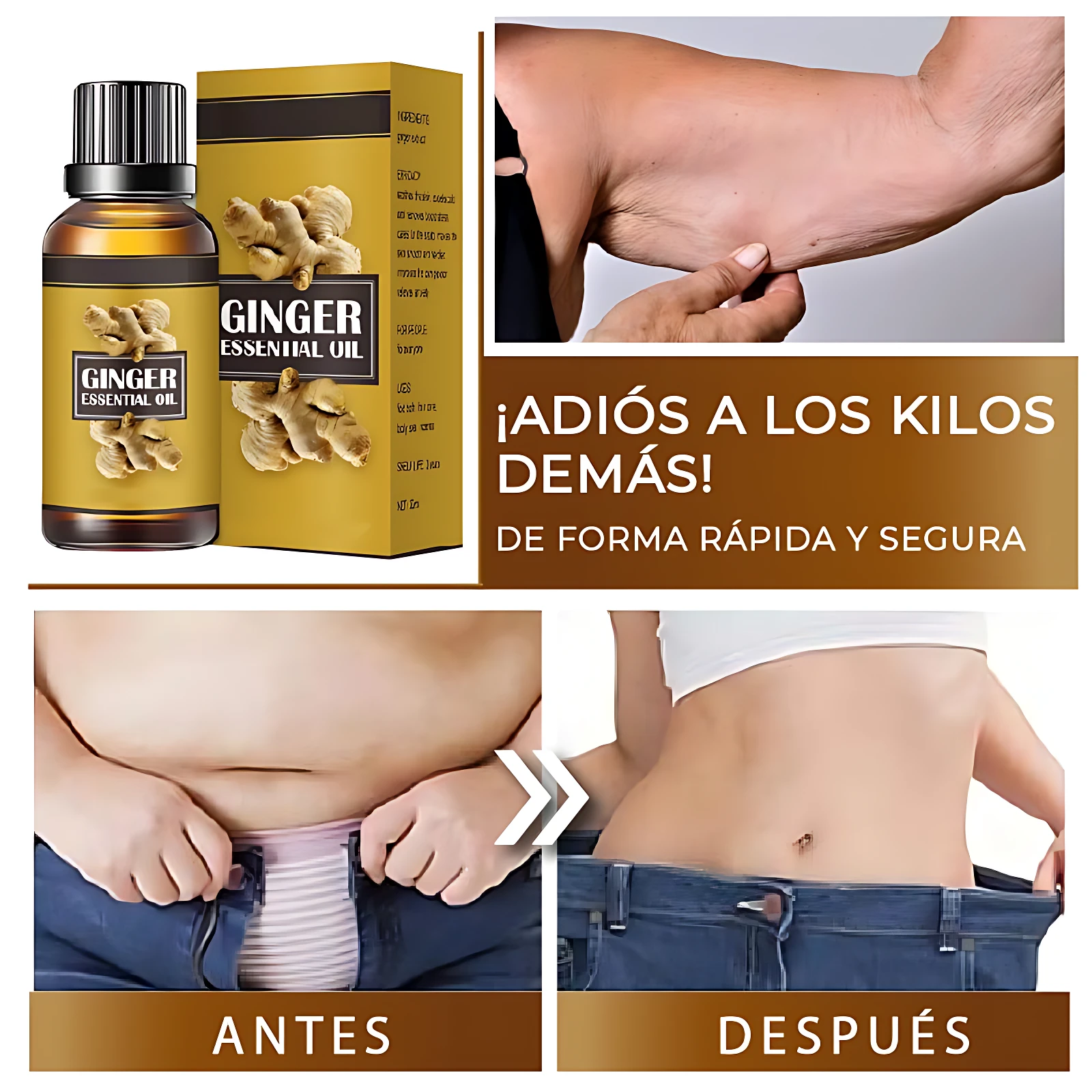 Aceite corporal detox de jengibre para quemar grasa, antes y después de perder peso.