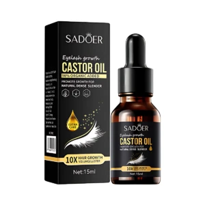 Aceite de ricino orgánico SADOER para crecimiento de pestañas, botella de 15ml con gotero, caja negra.