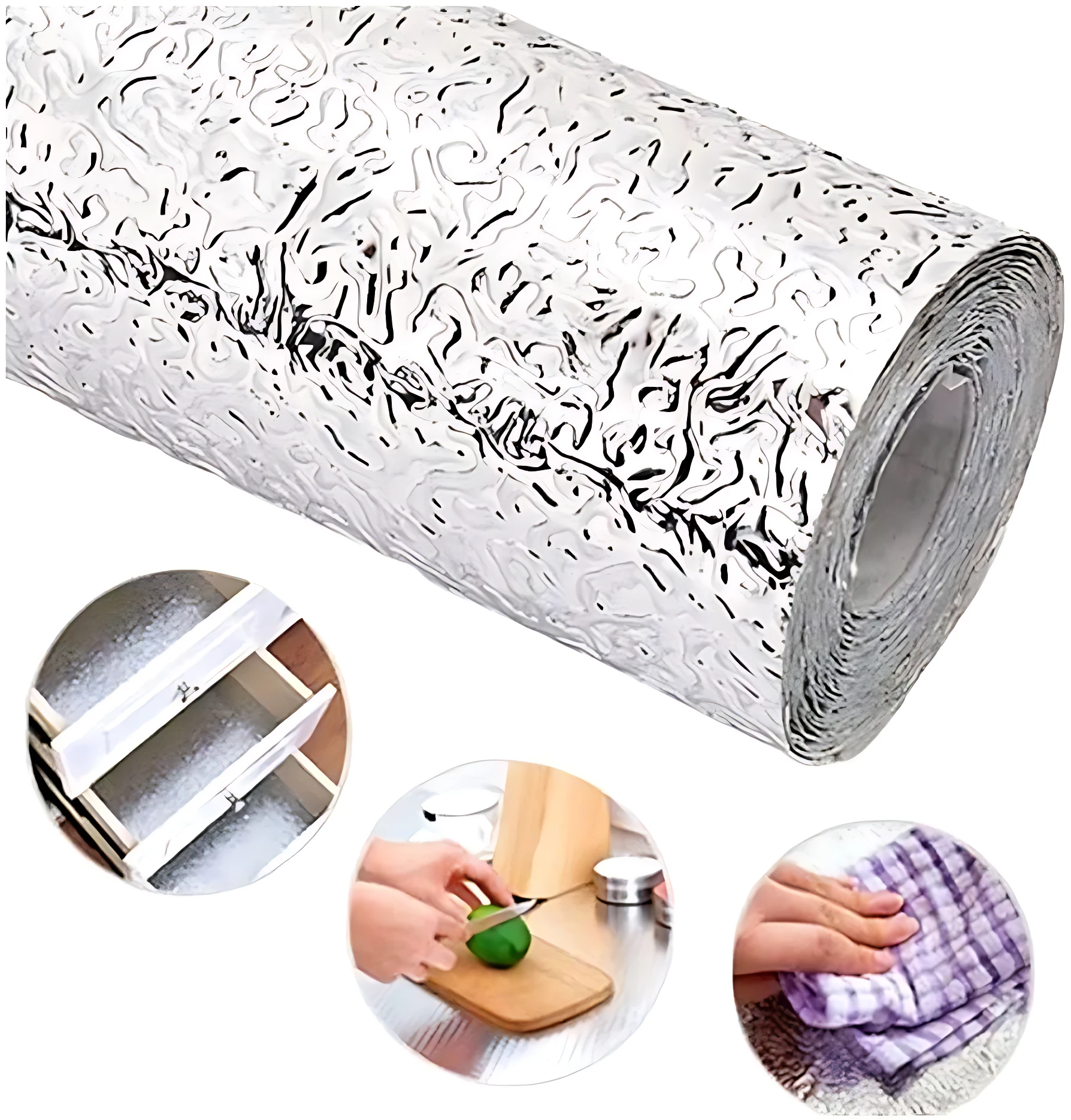 Roll de adhesivo protector para paredes de cocina, color plateado con textura ondulada. Incluye ejemplos de uso en estantes, encimeras y textiles.