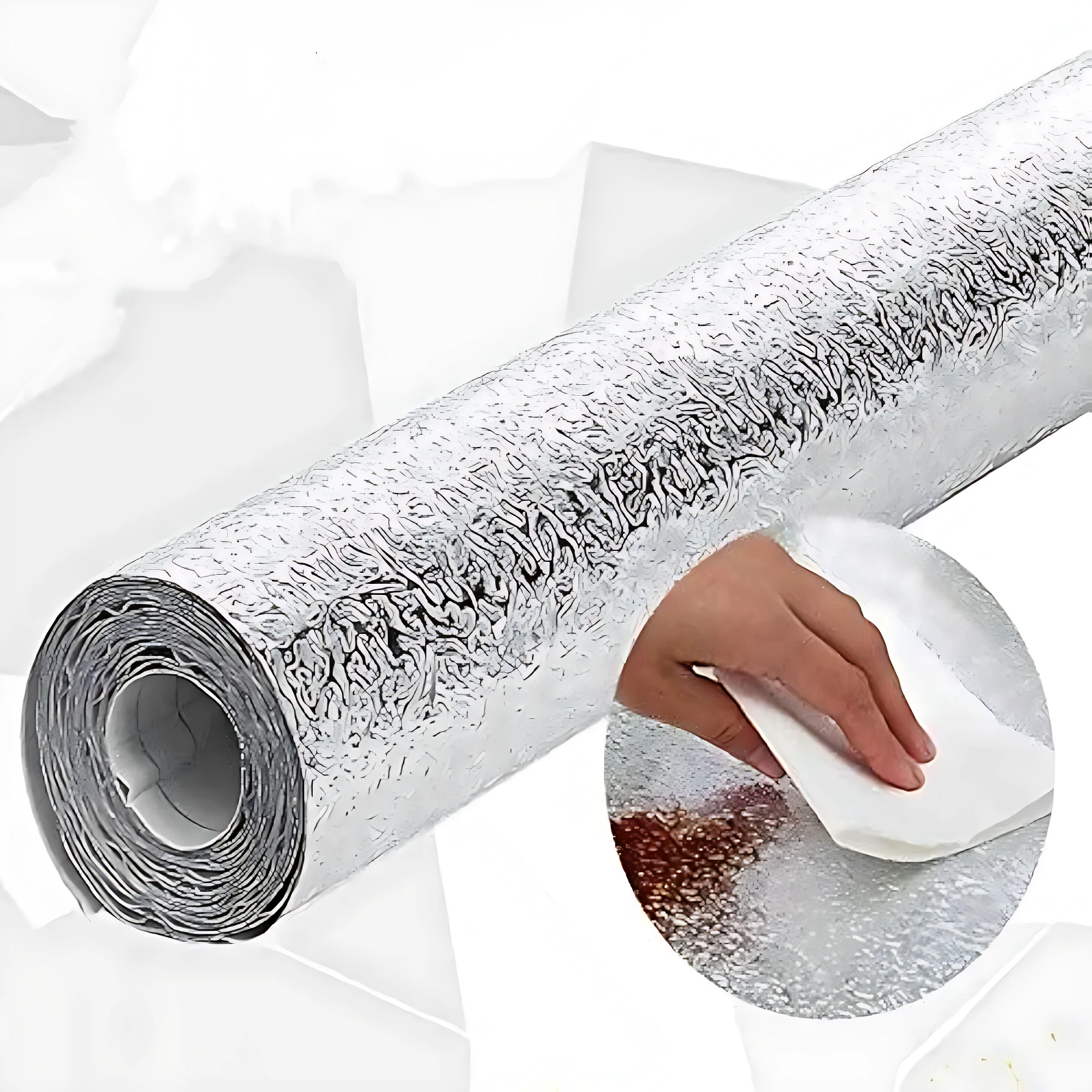 Roll de vinilo adhesivo plateado con textura ondulada para protección de paredes en cocina, resistente al calor y fácil de limpiar.