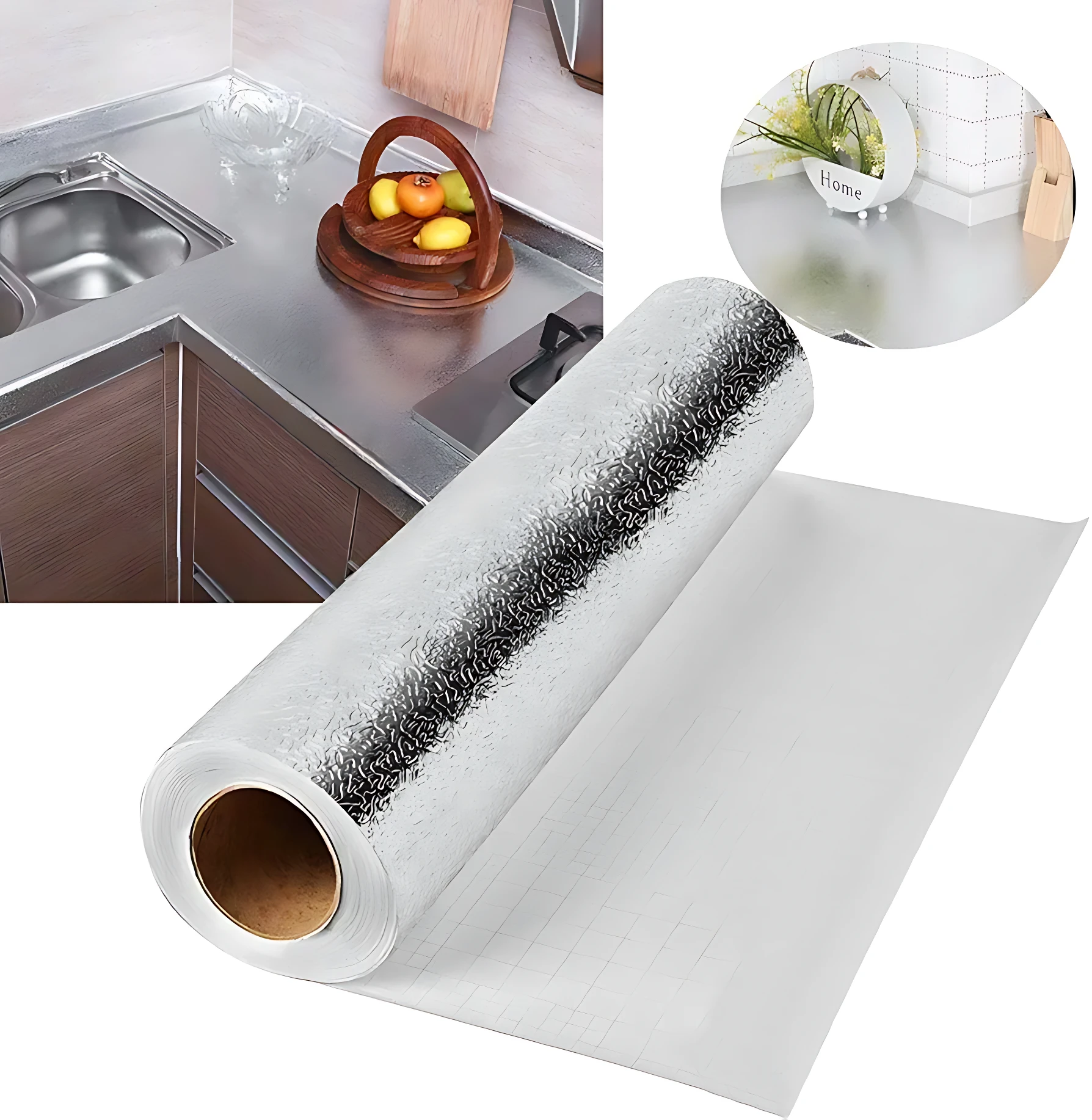 Roll de vinilo adhesivo plateado con textura de burbujas, ideal para proteger superficies de cocina. Incluye vista de aplicación en encimera y detalle de acabado liso.