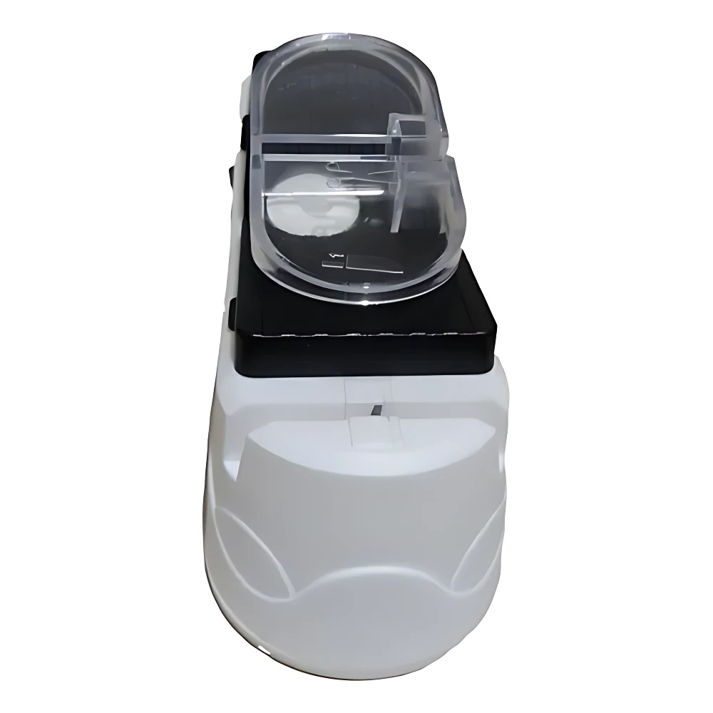 Afilador eléctrico multifuncional en color blanco con base negra y cubierta transparente, mostrando interior con disco de afilado.