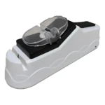 Afilador eléctrico multifuncional en blanco con base negra y cubierta transparente, diseñado para cuchillos y tijeras.