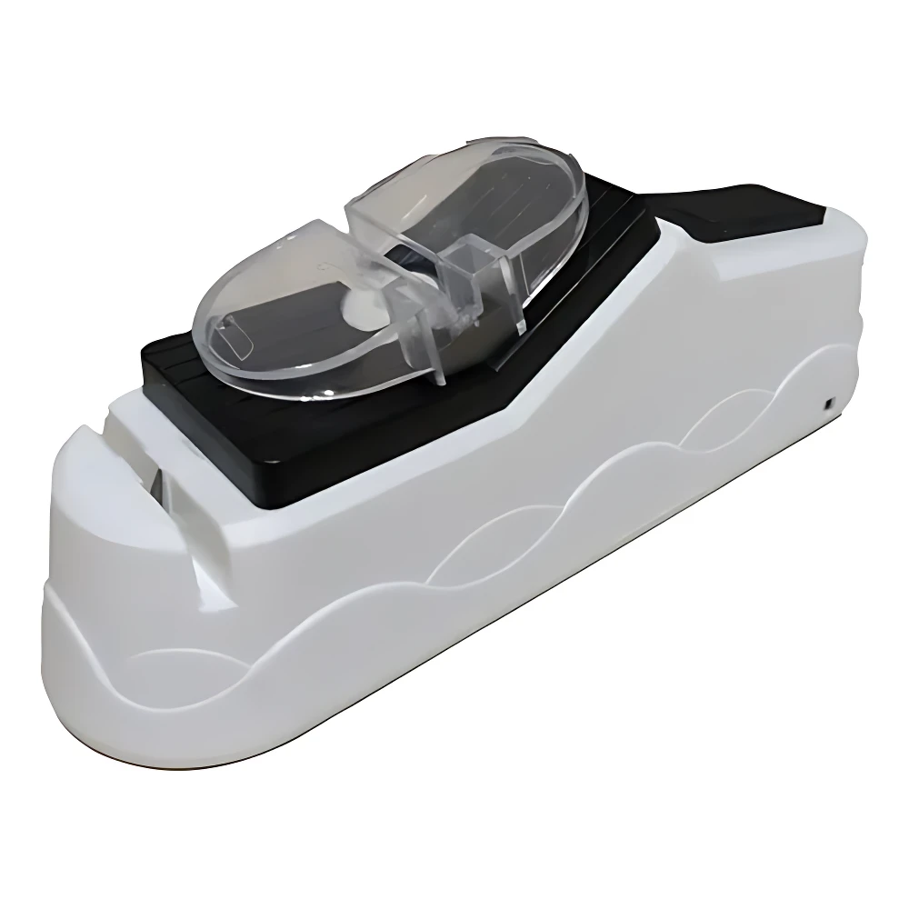 Afilador eléctrico multifuncional en blanco con base negra y cubierta transparente, diseñado para cuchillos y tijeras.