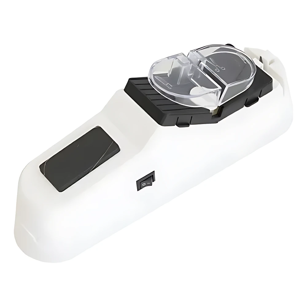 Afilador eléctrico multifuncional blanco con base negra y cubierta transparente, diseñado para cuchillos y tijeras.