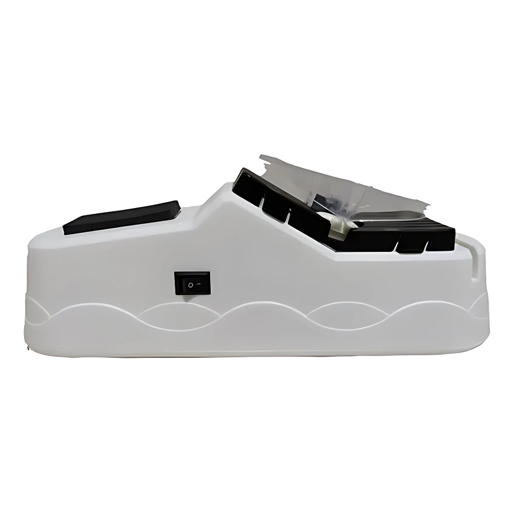 Afilador eléctrico multifuncional blanco con base ondulada, interruptor negro y cabezal de corte inclinado para cuchillos y tijeras.