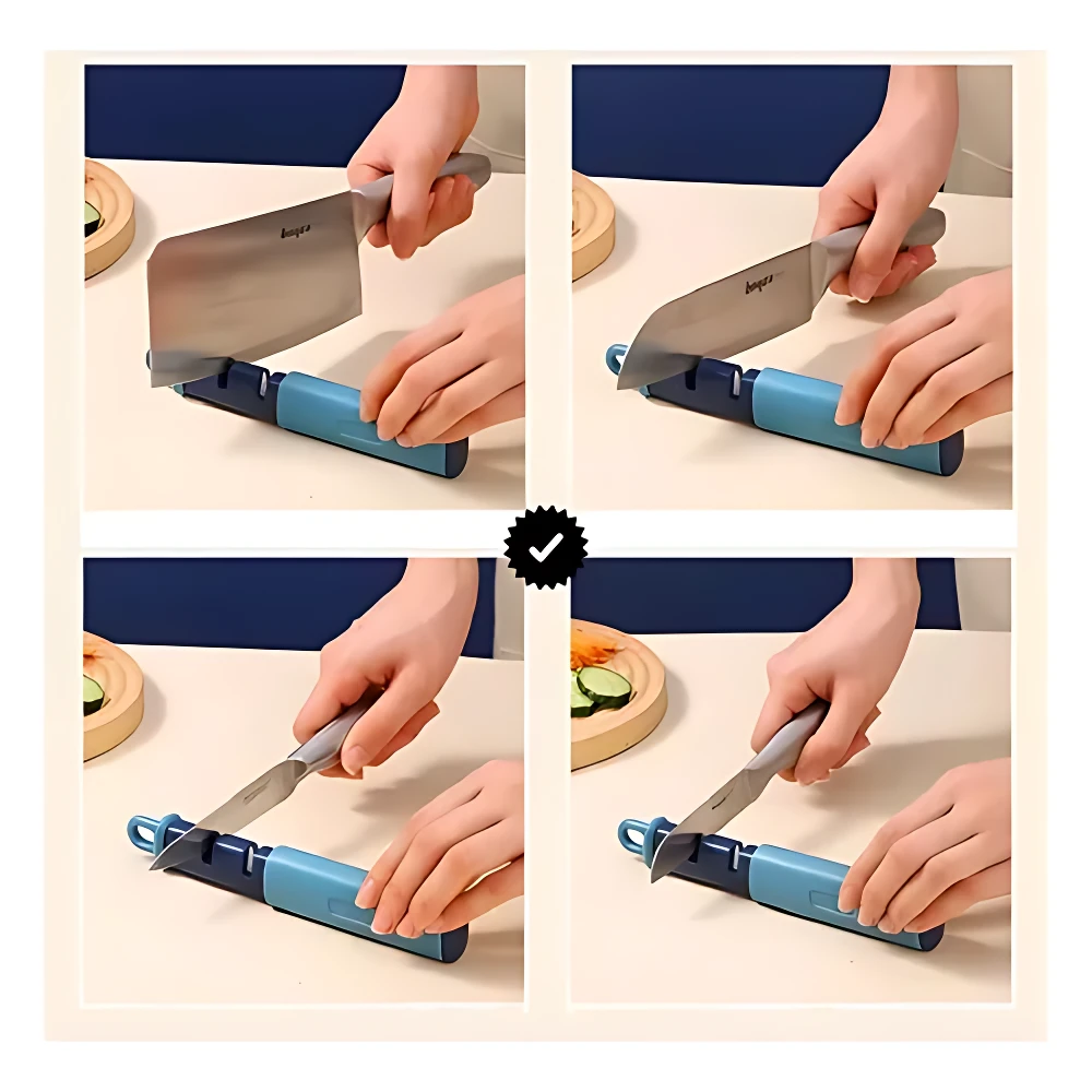 Afilador de cuchillos azul para cocina, ideal para pelador de verduras.