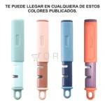 Set de 3 afiladores y peladores multifuncionales de cocina en colores pastel: verde, rosado y azul.