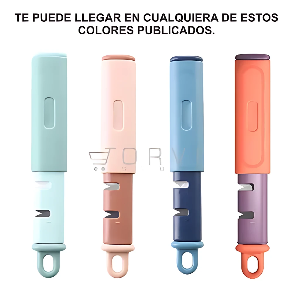 Set de 3 afiladores y peladores multifuncionales de cocina en colores pastel: verde, rosado y azul.
