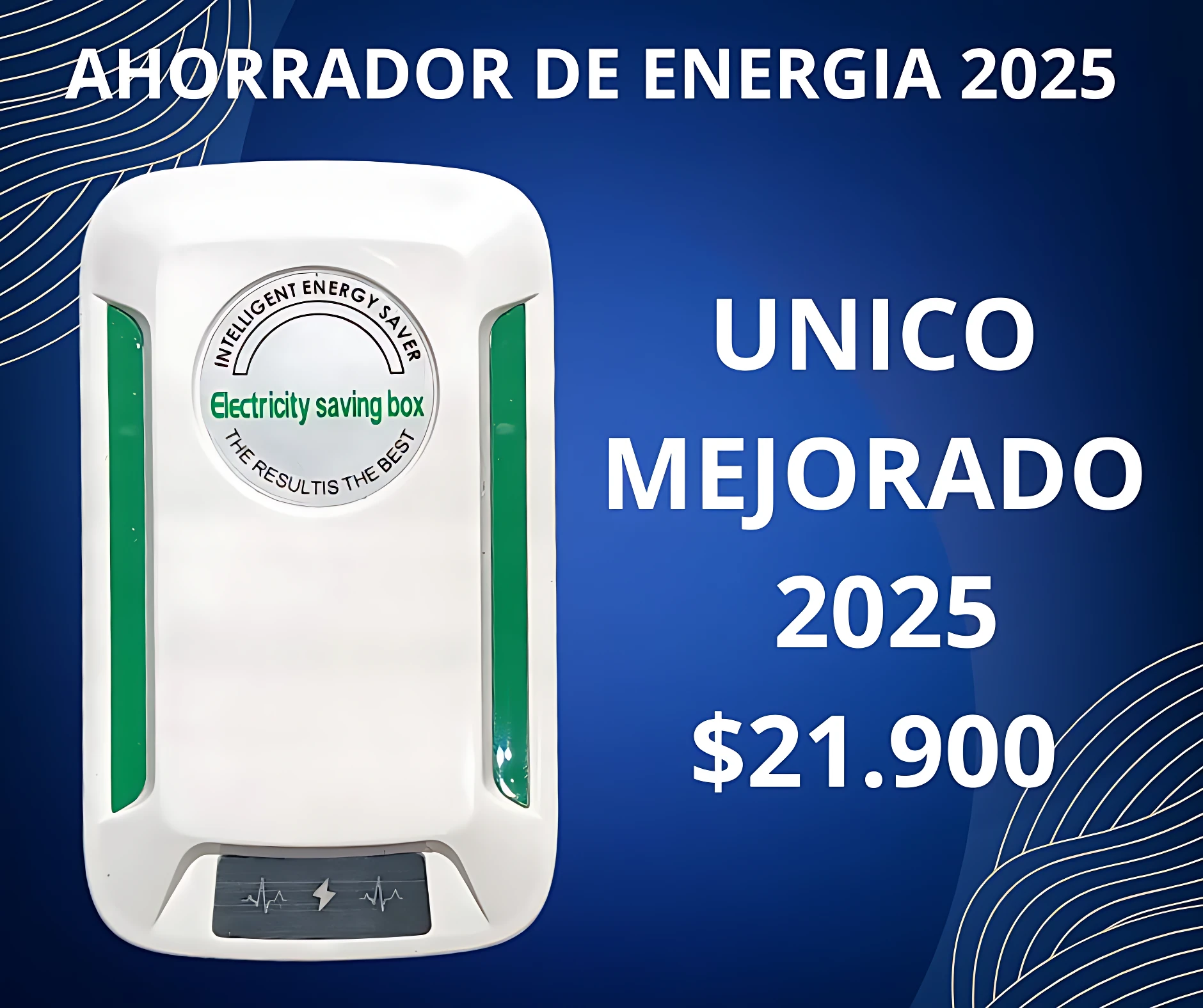 Regulador de voltaje inteligente blanco con detalles en verde, mostrando panel frontal con indicadores de energía y logotipo central. Producto diseñado para ahorro eléctrico.