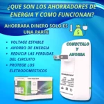 Regulador de voltaje inteligente blanco con enchufe, caja de presentación y texto informativo sobre ahorro energético y protección de electrodomésticos.