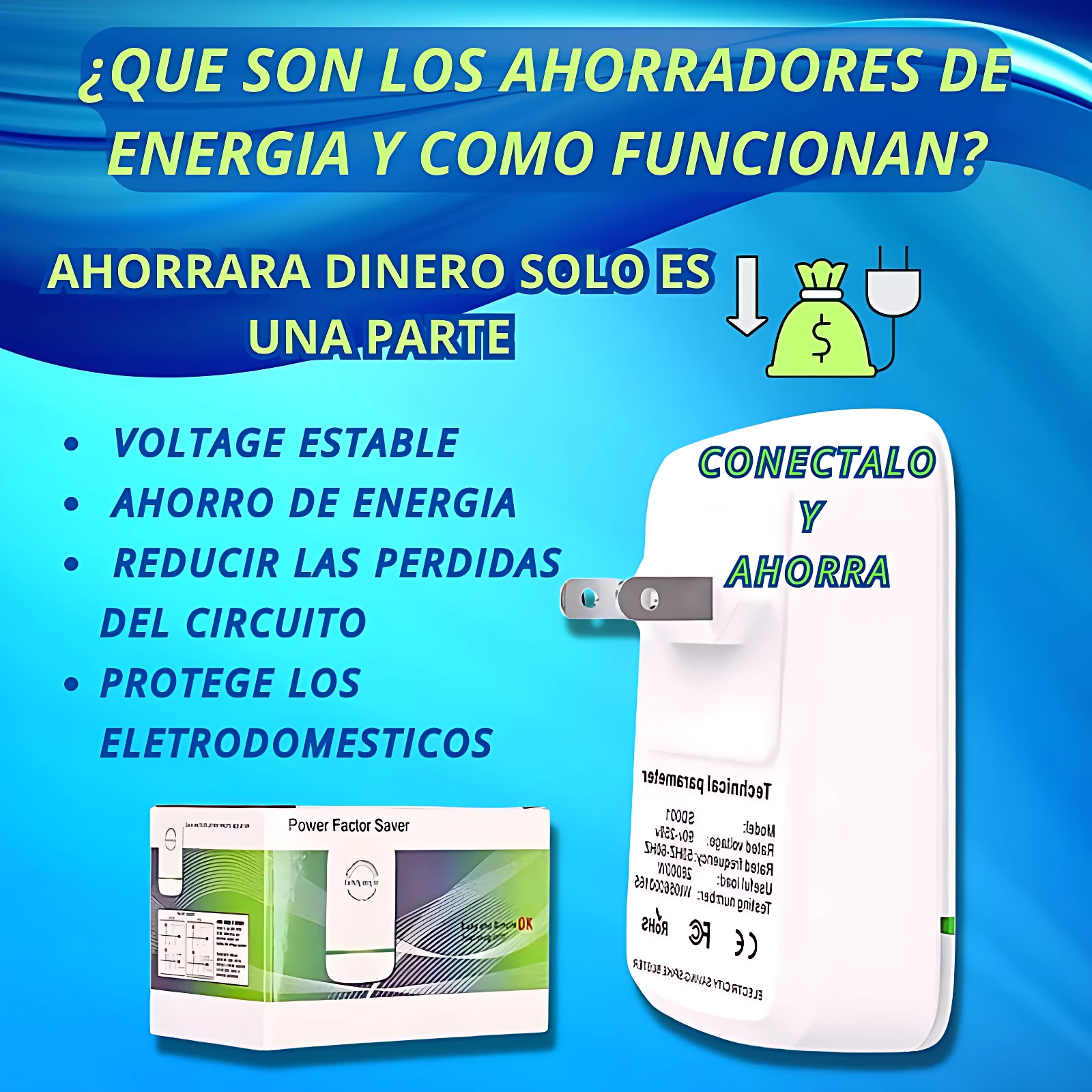 Regulador de voltaje inteligente blanco con enchufe, caja de presentación y texto informativo sobre ahorro energético y protección de electrodomésticos.
