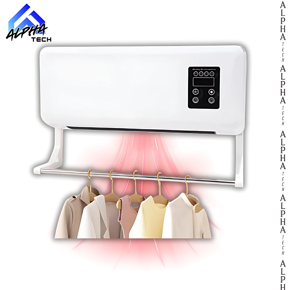 Aire acondicionado portátil blanco con panel de control digital, instalado en pared y emitiendo calor hacia ropa colgada en percha metálica inferior.