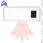 Aire acondicionado portátil blanco con panel de control negro y flujo de aire cálido visible, ideal para calefacción y ventilación en interiores.