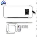 Aire acondicionado portátil blanco con panel de control digital, incluye soporte de pared, mando a distancia y accesorios de montaje.