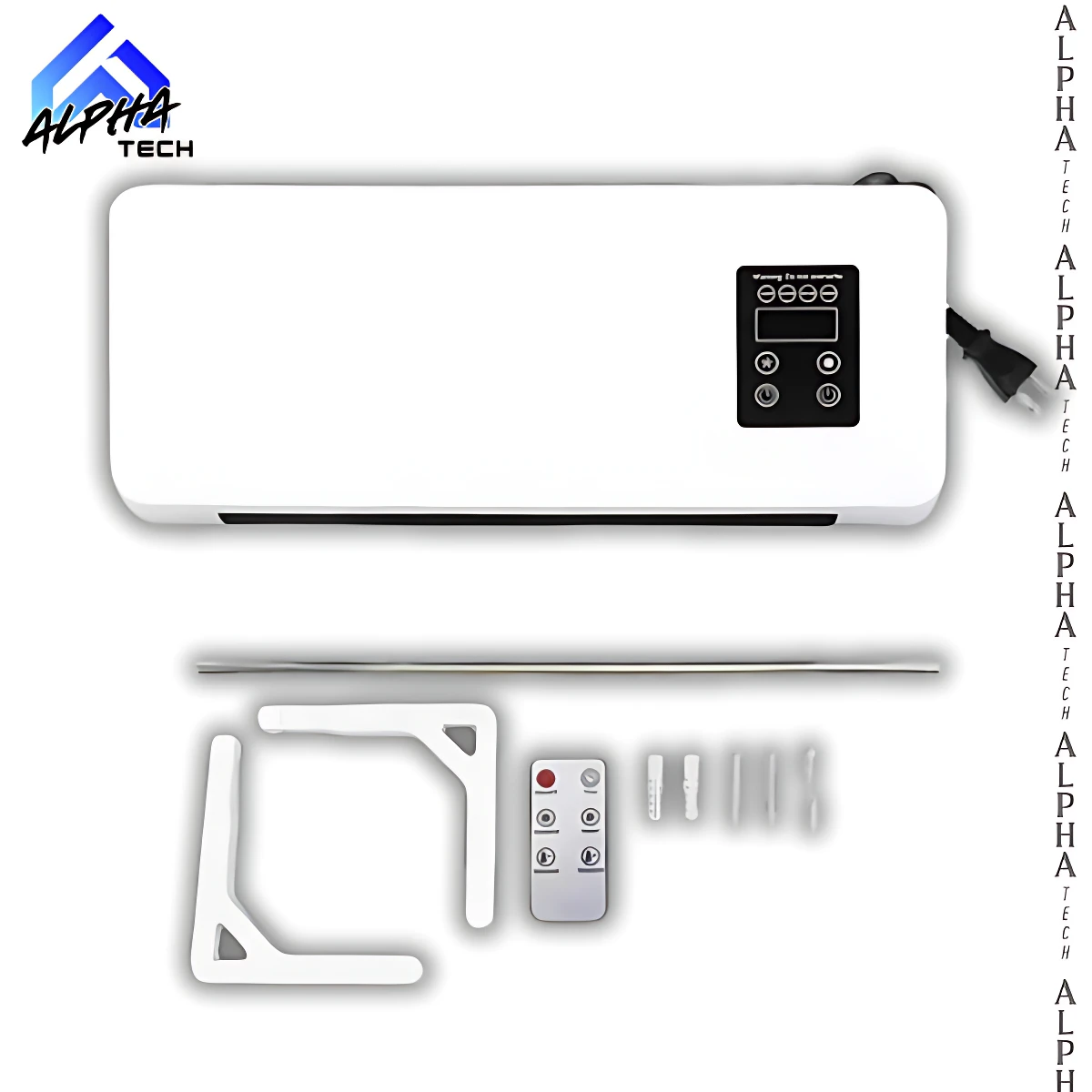 Aire acondicionado portátil blanco con panel de control digital, incluye soporte de pared, mando a distancia y accesorios de montaje.