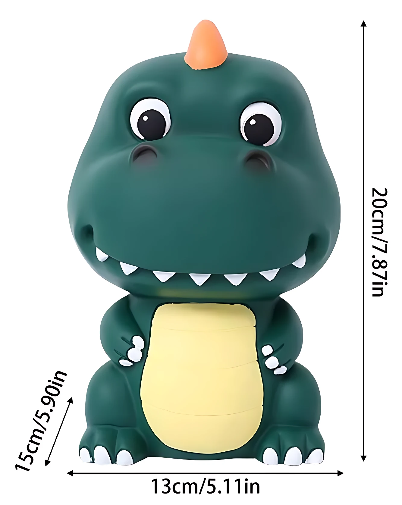Alcancia de dinosaurio verde irrompible, 20cm alto, 13cm ancho. Ideal para niños.