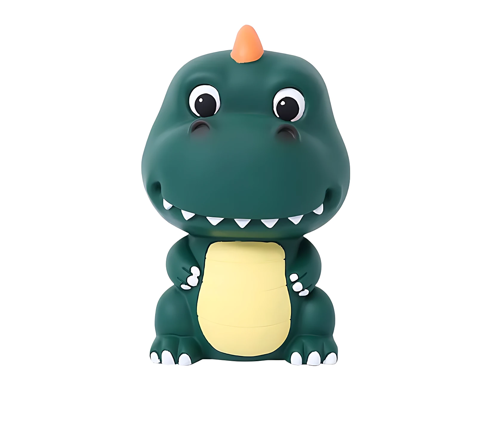 Alcancia verde de dinosaurio con detalles amarillos y naranja, diseño irrompible para niños.