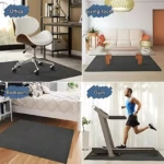Alfombrilla autoadhesiva gris en cuatro ambientes: oficina, sala, dormitorio y gimnasio, mostrando su uso para proteger suelos de mascotas.