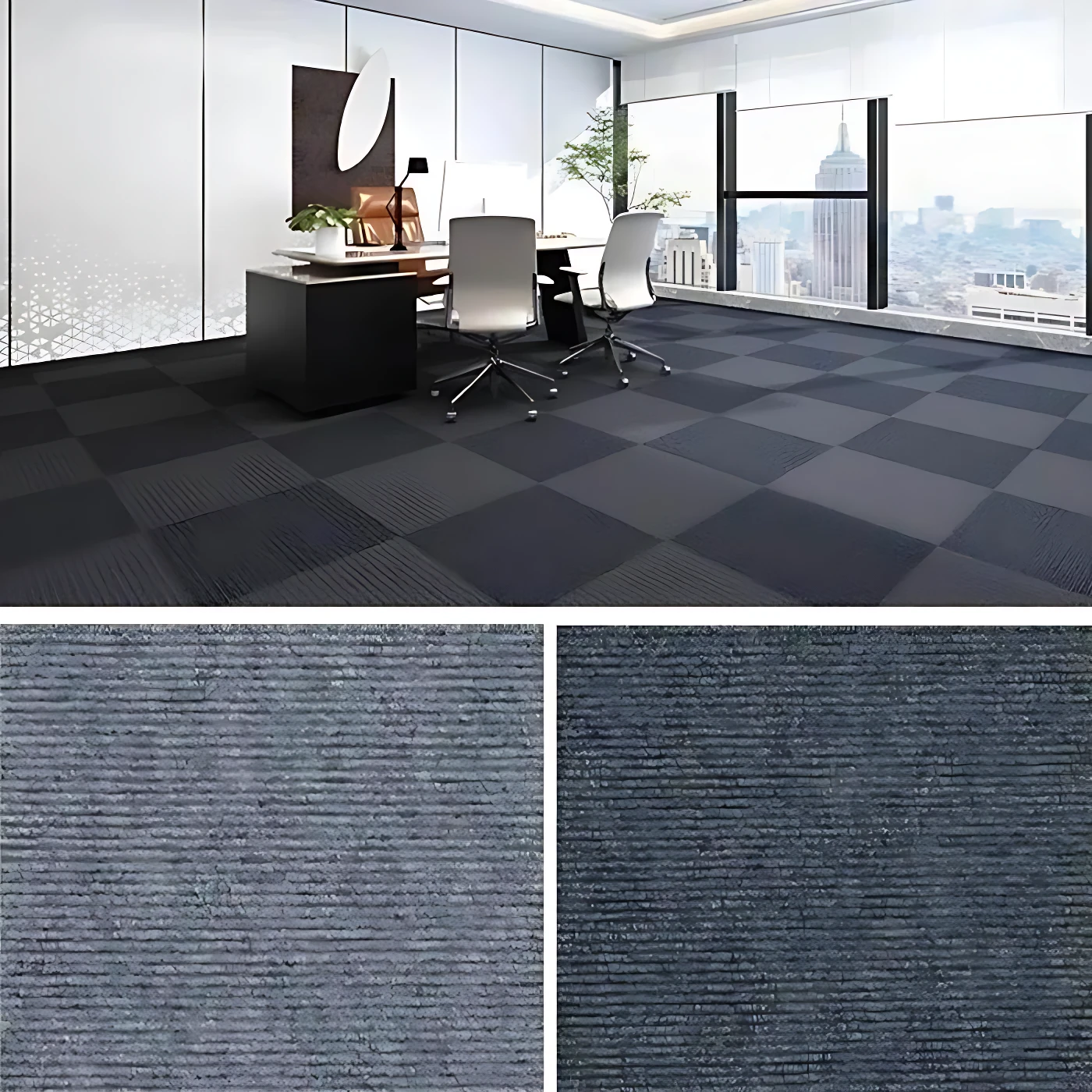 Alfombrilla autoadhesiva gris oscuro con textura de ladrillo, ideal para proteger suelos de mascotas en oficinas o hogares.