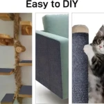 Alfombrilla autoadhesiva gris oscuro con textura de sisal para proteger muebles de mascotas, mostrando uso en sofá y rascador.