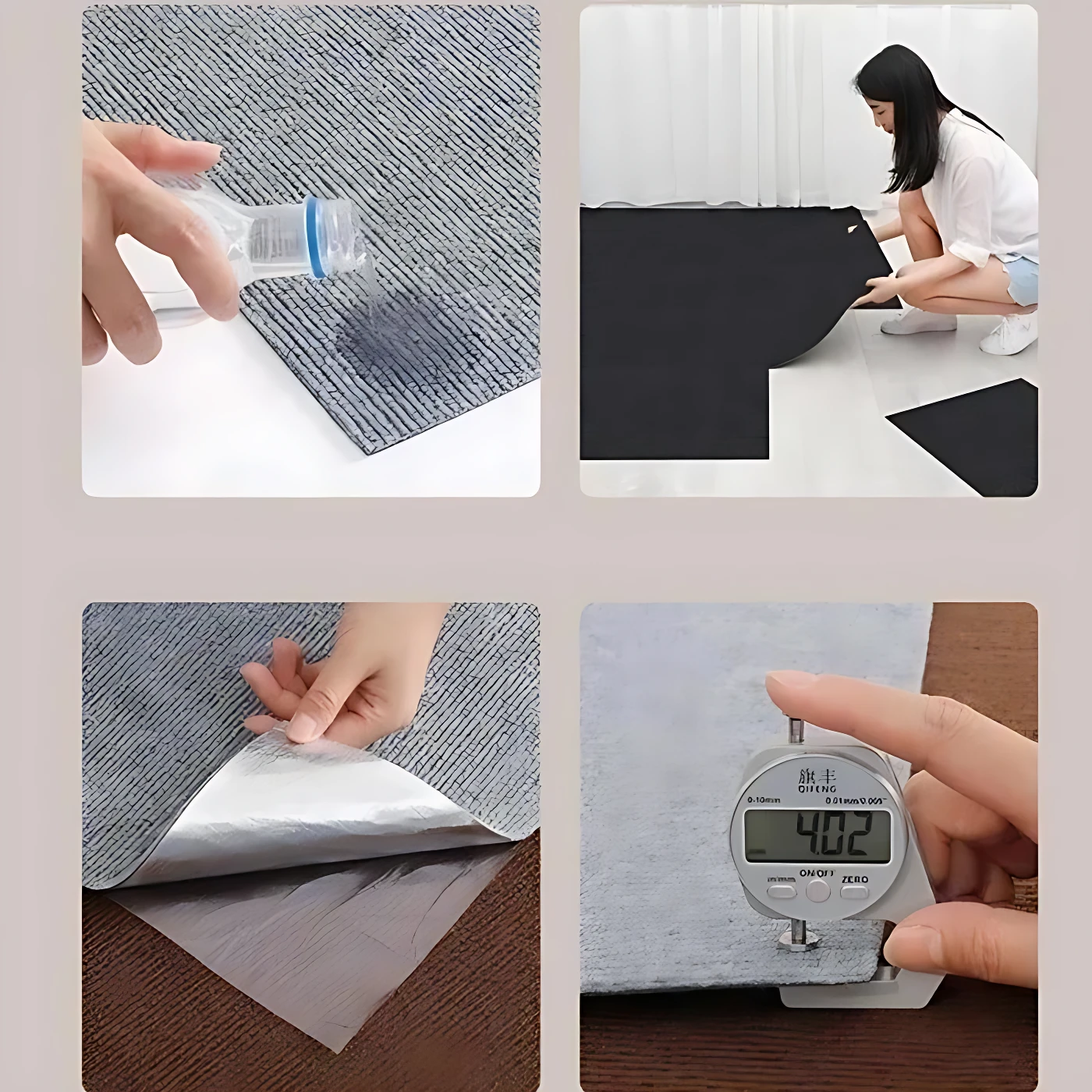 Alfombrilla autoadhesiva gris texturizada con capa protectora plateada, resistente a arañazos y medidas de 40.2 mm de grosor, ideal para proteger muebles de mascotas.