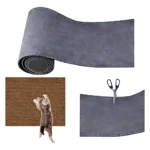Alfombrilla autoadhesiva gris para proteger muebles de mascotas, con muestra de uso y tijeras para recortar.