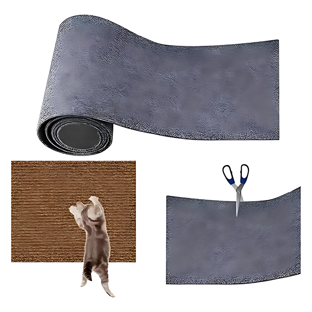 Alfombrilla autoadhesiva gris para proteger muebles de mascotas, con muestra de uso y tijeras para recortar.