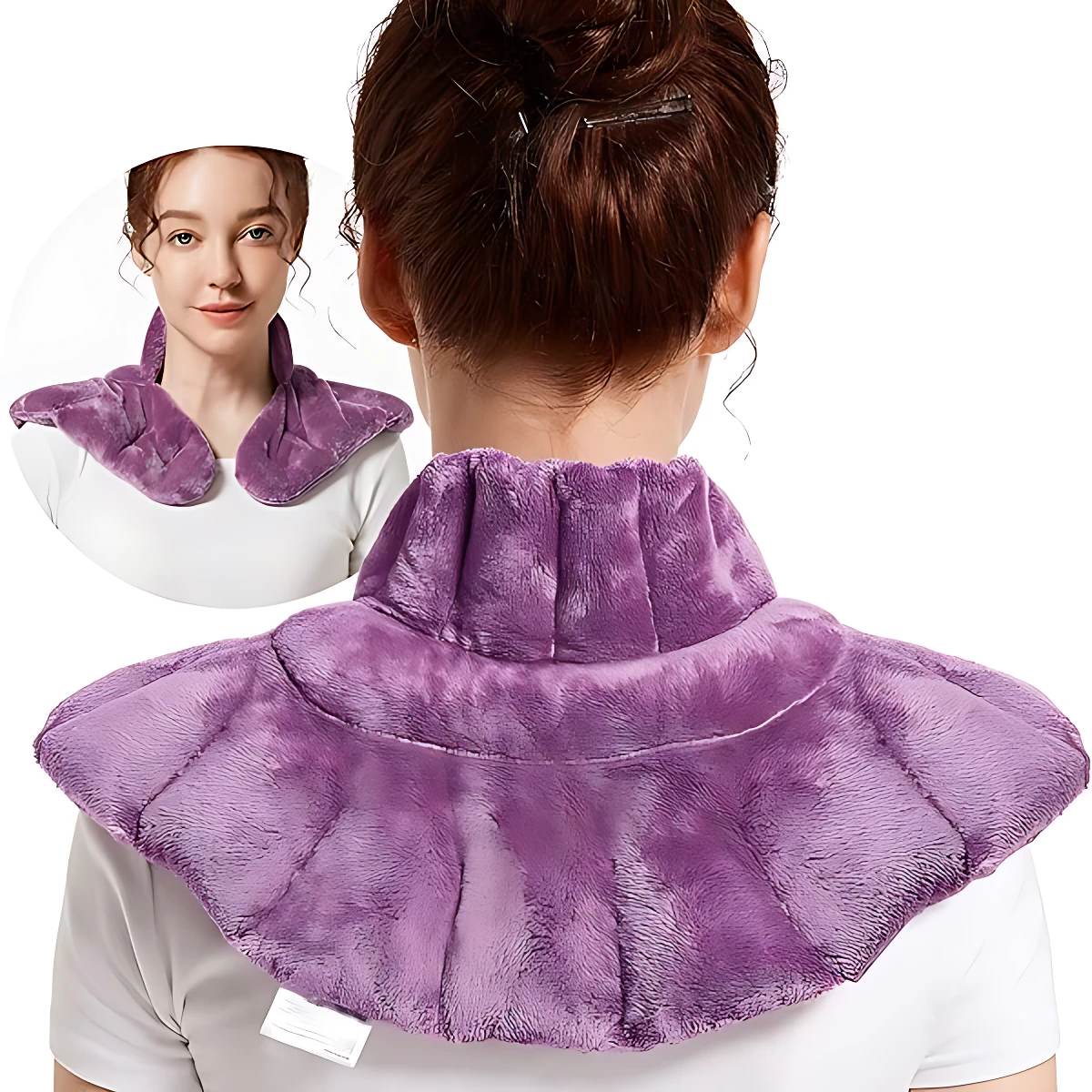 Almohadilla térmica cervical y de hombros morada, suave, con diseño ergonómico para aliviar tensión.